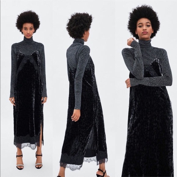 ZARA ~ Velvet black | gray with lace trim dress - Picture 7 of 8